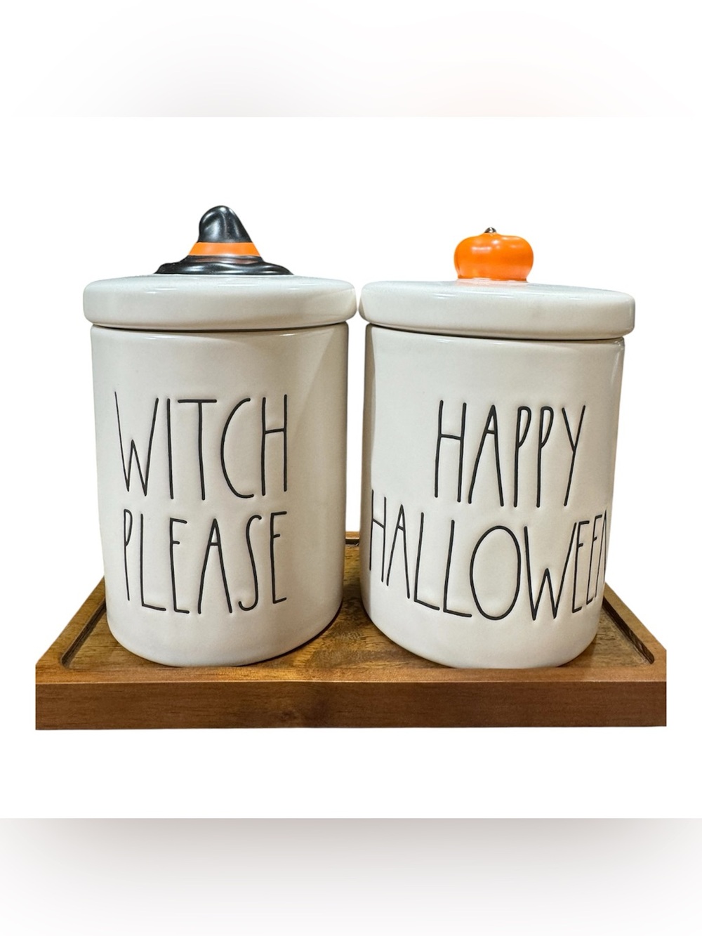 Rae Dunn Halloween Canister Duo in White, Black and Orange NEW IN BOX